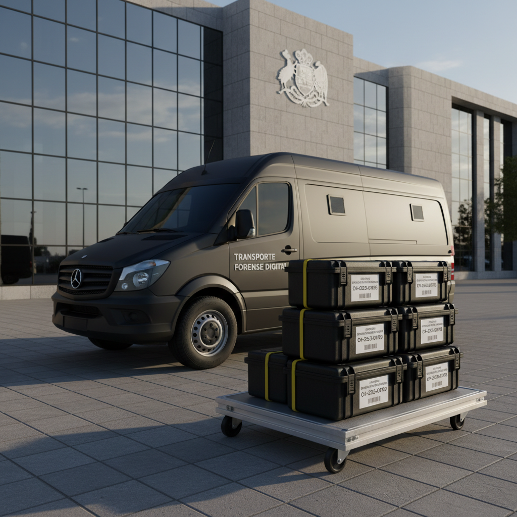 An armored dark-gray cargo van with discrete “Transporte Forense Digital” typography on the side, parked in front of a modern Chilean government-style building with glass and concrete facades. In the foreground, rugged shockproof cases with digital evidence labels are stacked on a low loading platform, each case showing clear tamper-evident locks and barcoded chain-of-custody stickers. Late afternoon natural light casts long, precise shadows, adding depth and seriousness. Captured from a slightly low, three-quarter angle to highlight the vehicle’s solidity and the careful arrangement of the cases. The sky is clear and crisp, colors are muted and professional, with photographic realism emphasizing security, reliability, and long-distance transport across Chile.