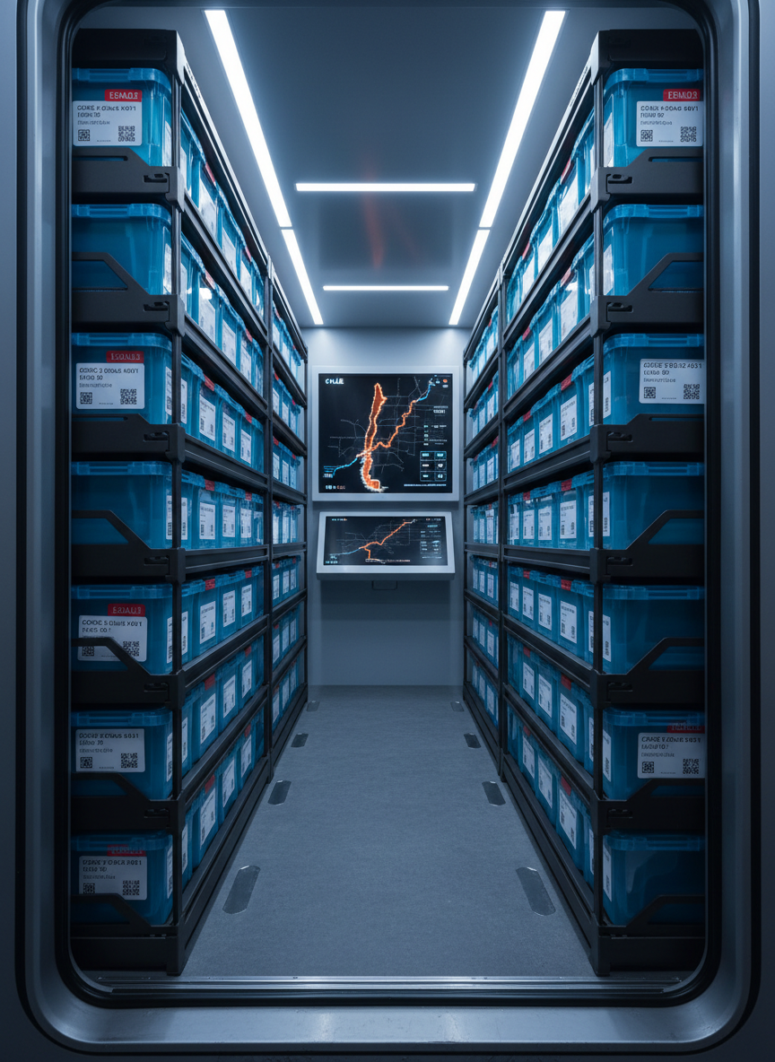 Inside a high-tech transport vehicle, sturdy charcoal racks securely holding multiple sealed digital evidence containers, each with clearly printed labels, QR codes, and bright red tamper seals. A built-in monitoring console displays a digital map of Chile with a highlighted route from north to south and live environmental readings: temperature, humidity, vibration. Cool LED strip lighting along the ceiling creates even, controlled illumination with gentle reflections on the plastic and metal surfaces. The mood is clinical, precise, and highly controlled. Captured from a wide-angle lens at door height, emphasizing depth into the vehicle’s interior. Photographic realism with a clean, modern aesthetic underlines the sophistication and safety of nationwide forensic equipment transport.